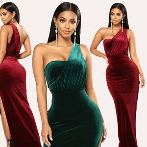 Fashion Nova One Shoulder Velvet Dress Draping with Side Slit Wine Red Small